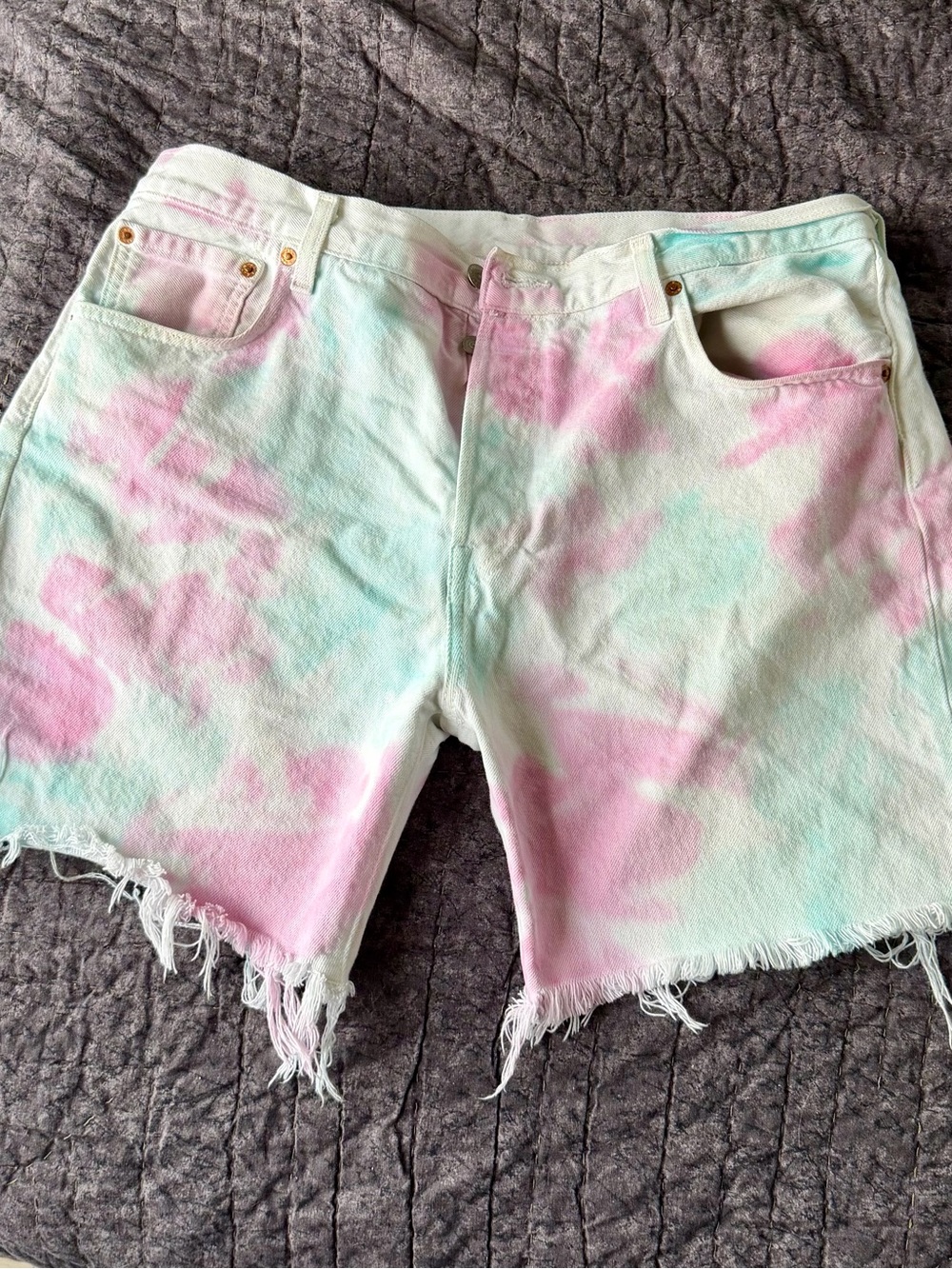 Levi’s ‘93 501 Pastel Tie-Dye Frayed Hem Denim Shorts - Trans Pride 34 waist